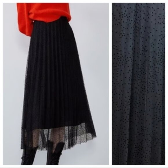 NWOT Zara black polka dot organza mesh overlay pleated skirt, L - Picture 6 of 7